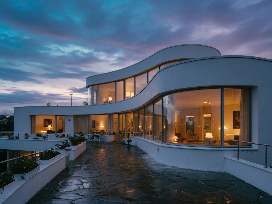 黃昏白色弧形洋房，室內暖光 / A white curved house at dusk with warm interior light